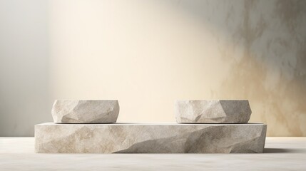 free-form pedestal made of raw stone for displaying products or cosmetics. minimalistic brutal concept for presentation made of granite or marble
