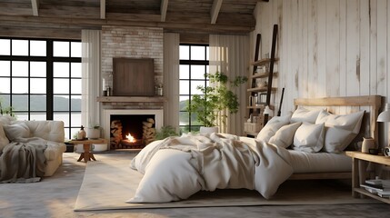 A bedroom with a rustic and farmhostyle.