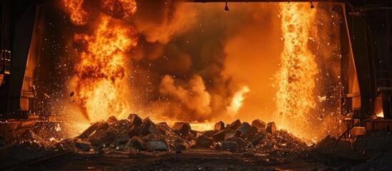 Molten iron erupted from the steel blast furnace opening. - obrazy, fototapety, plakaty