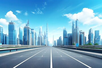 Fototapeta premium A straight road with tall buildings next to it with a view of the clear sky. generative ai
