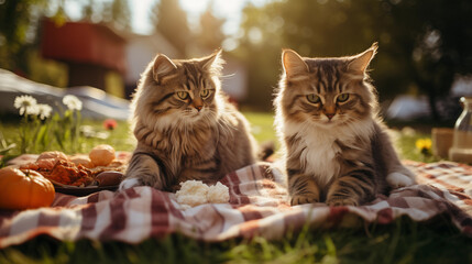 A couple of cats are having a picnic.