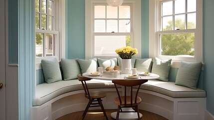 A breakfast nook with built-in seating and a table.