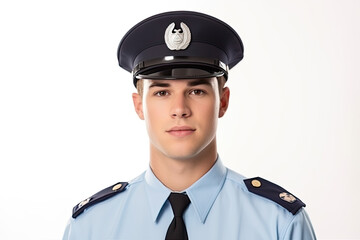 A young and confident police officer in uniform and cap, displaying authority with a reassuring smile.