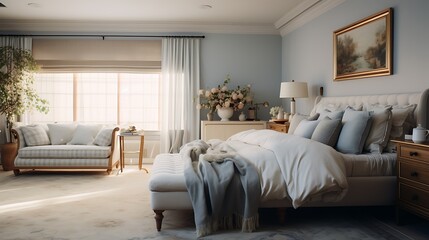 A calming atmosphere with a soft color palette and plush bedding.