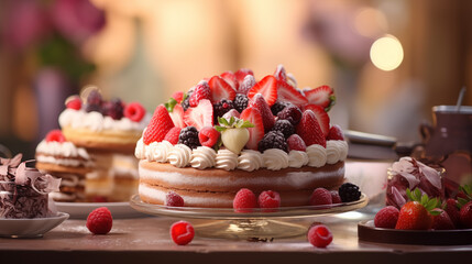 berries cake with fruits on clear plate