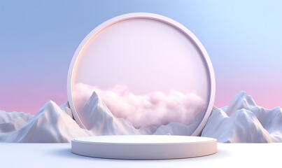 An empty stage with a beautiful pastel-colored mountain view can be used to present your product