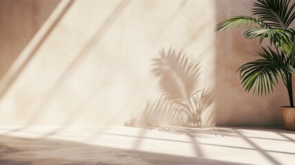 Minimal product placement background with palm shadow on plaster wall. Luxury summer architecture interior aesthetic. Creative product platform stage mockup