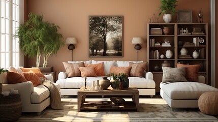 A cozy living room with earthy tones and plenty of throw pillows.
