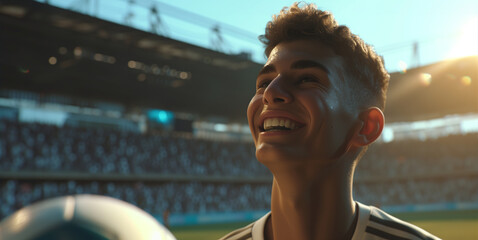 A teenage soccer fan relishes a moment of triumph at a sunlit stadium, reflecting passion and youthful enthusiasm for the sport - obrazy, fototapety, plakaty