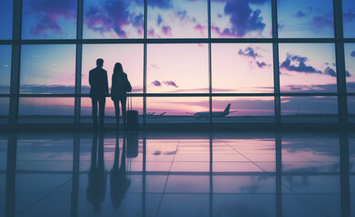 Back view of a contemplative couple at an airport terminal, silhouetted against a colorful sunset sky - obrazy, fototapety, plakaty