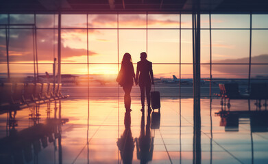 A couple's silhouette at an airport, hand in hand, with the warm glow of sunrise framing a new journey