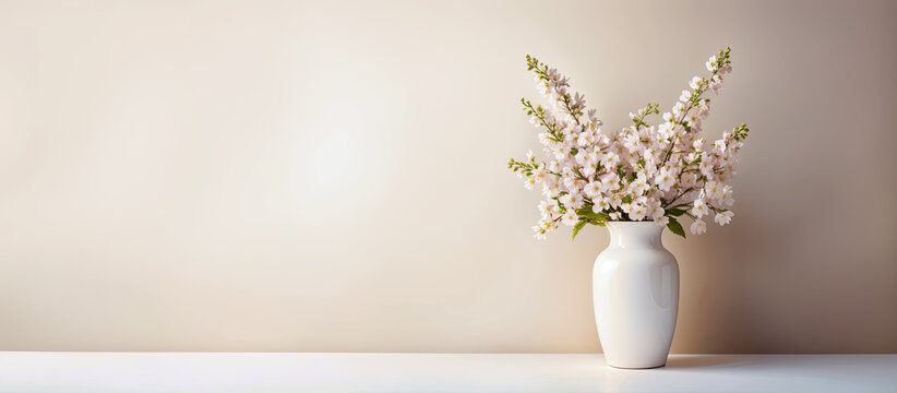 Fototapeta Spring flowers bouqet in a vase, neutral beige minimalist background banner, website header, copy space. Mother's day, Women's Day, spa, easter, card. Generative AI.