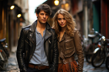 Attractive modern and stylish couple on a street with the background out of focus