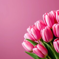 Fototapeta premium pink tulips on a bright pink background. spring bouquet of flowers with place for text. template for card, banner.