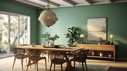 A dining room with a nature-inspired color palette.