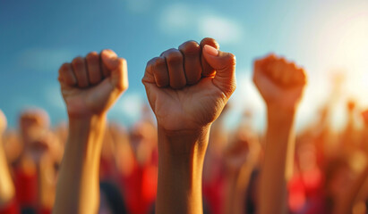 Hands in the air with a sky background. Generative AI