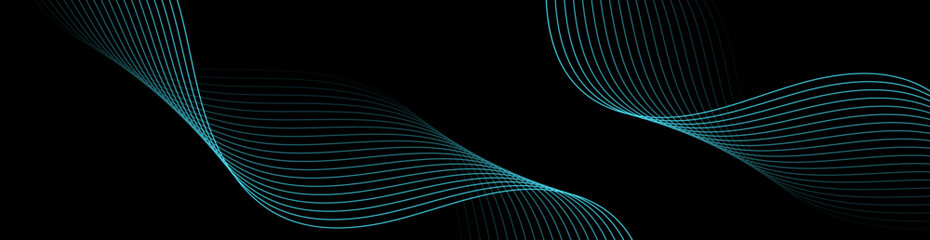 Abstract background with waves for banner. Web banner size. Vector background with lines. Element for design isolated on black. Black and blue. Ocean, water