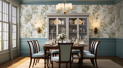 A dining room with a vintage-inspired wallpaper.