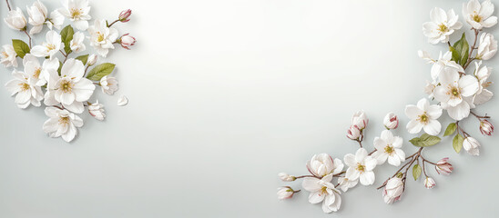 Spring flowers on neutral white minimalist background banner, website header, copy space. Mother's day, Women's Day, spa, easter, card. Generative AI.