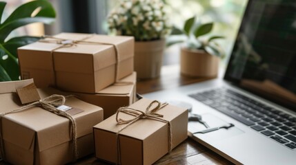 Craft boxes near laptop. Online shopping and parcel service concept