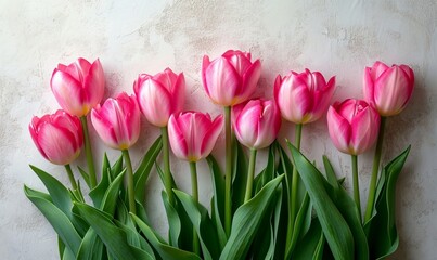 Obraz na płótnie Canvas Pink Tulips Against Vibrant,classic Background,ideal for spring and floral themes,background, top-view.