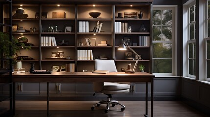 A home office with a dedicated workspace and organization.