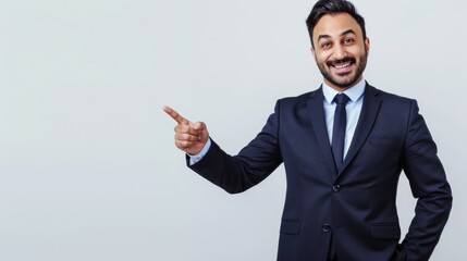 Cool friendly positive indian or arabian businessman in a business suit, stand on isolated white background, pointing fingers to the side, looking at camera, smiling happily. Copy-space