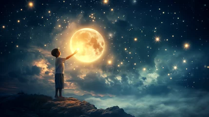 Foto op Plexiglas child with moon and stars night dreams magical fantasy background © mr_marcom