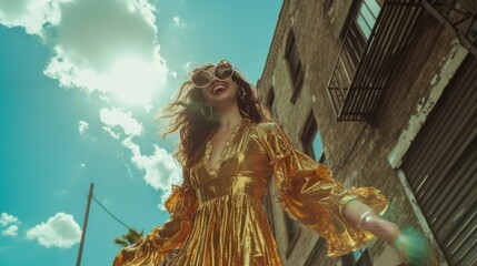 Portrait low angle of elegant girl with long curly hair walking on steer on old building background. She has golden dress and red lips. She is smiling to camera.