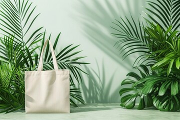 Mockup for design of simple white canvas shopper bag with green plant leaves isolated on flat green background with copy space. Eco-friendly plastic free bag template.