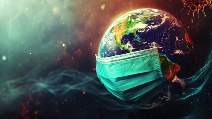Big planet earth on protected mask on virus background.