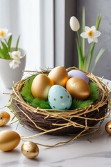 Nest with Easter eggs and green grass against a background of spring flowers and a stylish modern interior.
