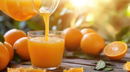 Pouring orange juice into the glass on wooden table in orange farming.