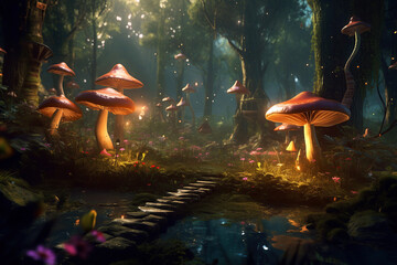 Fototapeta na wymiar Magical glowing mushrooms in a fairy forest. Generative AI illustration.