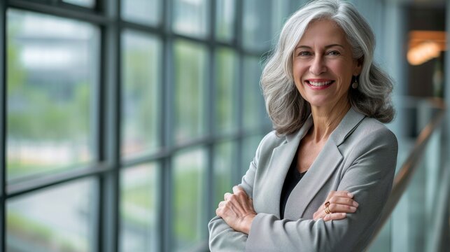 Pretty smiling older business woman, successful confidence with arms crossed in financial building. Smiling adult middle aged business woman standing at table posing in office, arms crossed. 