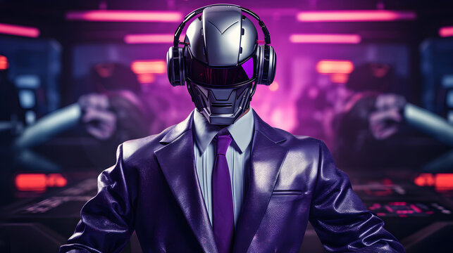 Portrait of a robot DJ wearing headphones and a purple shiny suit standing behind a DJ rig in a night club. Future technology concept