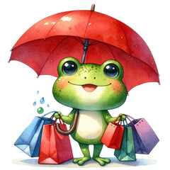 Frog with Umbrella and Shopping Bags Illustration - Cheerful frog holding a red umbrella and colorful shopping bags in a charming watercolor illustration.