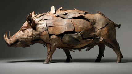 Fototapeta premium A boar sculpture carved from wood. Wooden art object of an animal with many age cracks in the wood