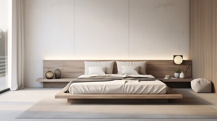 A minimalist bedroom with a platform bed and neutral color palette.