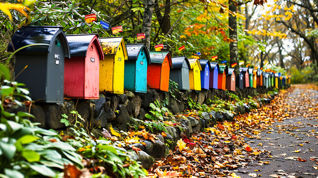 Colorful outdoor scene with wooden mailboxes in a green nature setting, representing rural communication.