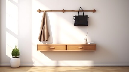 A modern and minimalist entryway with a floating console table and wall-mounted hooks.