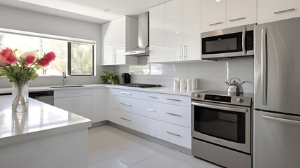 A modern and sleek kitchen with glossy white cabinets and stainless steel appliances.