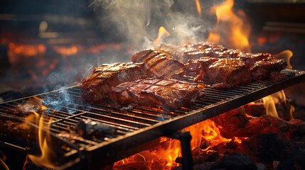 Beef steaks and bell peppers char-grilling on a barbecue, with open flames providing a smoky flavor