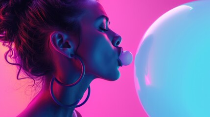 Stylish pretty young 20s fashion teen girl model blowing bubble gum winking looking aside stand at purple studio background, z gen teenager in trendy light 80s 90s concept, portrait