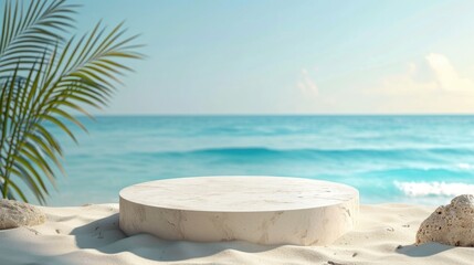 Fototapeta na wymiar Summer sand and sea product placement background with empty flat stone podium.