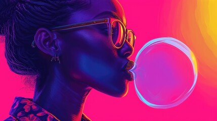 Beautiful stylish black model on pink background. Super cool fashion profile portrait of a woman blowing bubble gum, neon . 