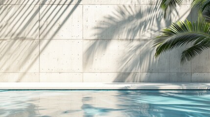 Resort summer background with concrete wall, pool water and palm leaf shadow. Luxury hotel resort exterior for product placement. Outdoor vacation holiday house scene, neutral architecture aesthetic 