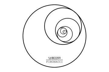 Fibonacci Sequence Circle. Golden ratio. Geometric shapes spiral. Circles in golden proportion in minimalist line art design. Vector circular Logo icon isolated on white background 