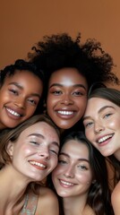Beauty, diversity and portrait of women happy with makeup for cosmetic skincare isolated in studio brown background. Skin, aesthetic and young friends together for self care, dermatology and support 
