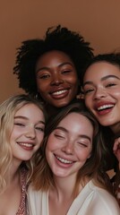 Obraz premium Beauty, diversity and portrait of women happy with makeup for cosmetic skincare isolated in studio brown background. Skin, aesthetic and young friends together for self care, dermatology and support